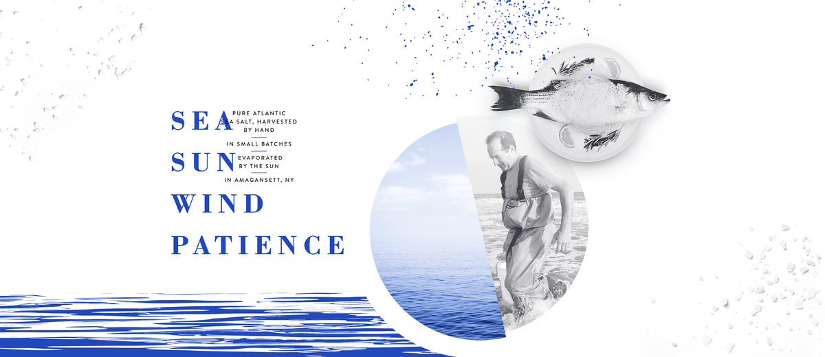 Collage with text 'Sea Sun Wind Patience' and a stylized photo of a person carrying a bucket of seawater from the ocean.